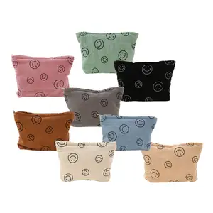 Wholesale Supplier Zipper Makeup Bag Women Hanging Pouch Smile Face Soft Corduroy Cosmetic Travel Bags