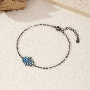 S925 Silver Hamsa Hand <b>Bracelet</b> With Blue Crystal Eyes Rhodium Plated Chain Link Unisex Everyday Wear Jewelry - Product Image 4