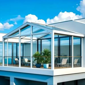 Sunnyjoy <span class=keywords><strong>Toit</strong></span> en pente étanche et coupe-vent anti-corrosion avec kit de véranda extérieure en verre trempé au <span class=keywords><strong>prix</strong></span> de gros - Product Image 1