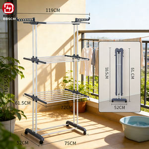 Séchoir à linge pliable télescopique sur pied à double poteau 4 niveaux en métal avec roulettes - Product Image 2