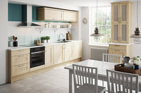 Cuisine modulaire moderne avec porte en verre, cadre en bois, plan de travail en marbre, finition acrylique, robinet, design îlot