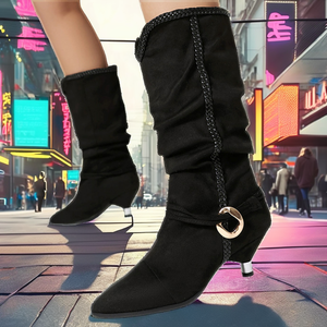 Denim Flock Piled Pleated Ankle <b>Boots</b> ZIP Closure Low Spike Heels Dress Stiletto Women Retro Styles Pointy Toe Short Booties - Product Image 2