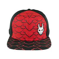 Topi Snapback 6 Panel Twill Bordir Logo 3D Custom, Pola Sisik Naga Merah Hitam, Gaya Streetwear, TOPCAP Flex Fit 95%