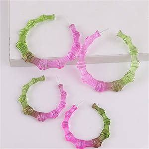 Qiuhan 75 มม.ไม้ไผ่ Hoop อะคริลิคเรซิ่นที่มีสีสันต่างหูผู้หญิงของขวัญเครื่องประดับสไตล์ฤดูร้อนแฟชั่นน่ารักชุบเงิน 2 คู่ - Product Image 5