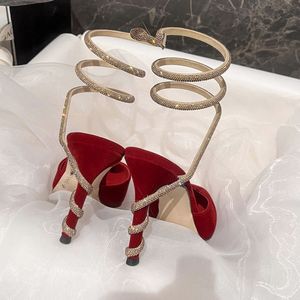 Wine Red Snake Ankle <b>Wrap</b> Fashion Sexy Big Size 42 Stiletto Shoes Ladies Heels for Women - Product Image 5