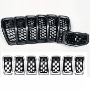 7Pcs For Jeep Cherokee 2014-2018 Front Bumper Grill Inserts Grille Frame Trim Honeycomb Mesh Cover Replacement Chrome Black
