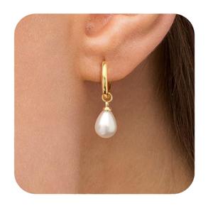 Pendientes de perlas con forma de gota de agua chapados en oro de acero inoxidable, aros de joyería para oreja de mujer de gama alta - Product Image 2