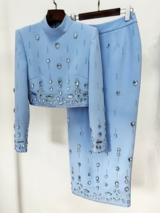 SR2316 Yellow Beautiful Spring Autumn Clothes Luxury <strong>Tops</strong> and Skirt Set With Pearl Fashion <strong>Crystal</strong> Two Pieces Set - Product Image 2