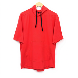 <b>Men's</b> Winter <b>Short</b> <b>Sleeve</b> <b>Hoodie</b> Custom Curved Hem Solid Red Hooded Streetwear Gym Pullover OEM Service Eco-Friendly Breathable - Product Image 1