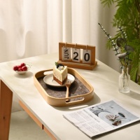 Honvidora Hot Press Integrated Bamboo Tray Hollow Handles 3D Embossed Phoenix Tail Leather Base Multipurpose Storage Organizer.