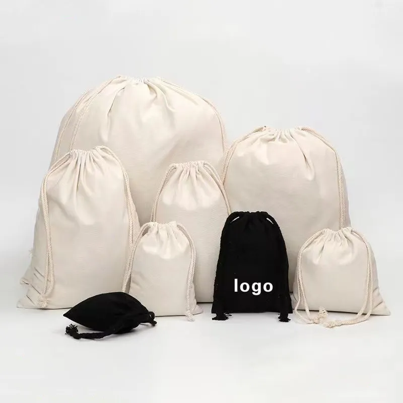 Logo kustom cetak tas debu katun organik tas kantung serut kanvas untuk hadiah lilin tas tangan sepatu