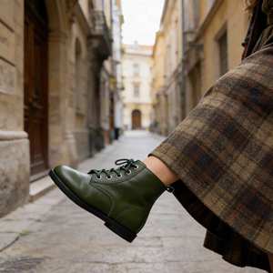 Vente directe d'usine, bottes de combat en cuir vert pour femmes, à lacets, avec fermeture éclair latérale, bottes à la cheville - Product Image 2