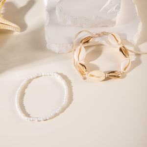 Conjunto de dos piezas, tobillera tejida a mano con concha de bloque de Color Simple chapada en oro para aleación de vacaciones en la playa del Océano - Product Image 5