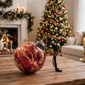 Ornement de Noël vintage en verre rouge et or, rustique, rond, texturé, à suspendre, décoration d'arbre d'intérieur - Product Image 3