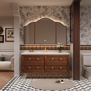 Ensemble de meubles de salle de bain en bois de chêne de style médiéval, résistant à l'eau, avec <span class=keywords><strong>double</strong></span> <span class=keywords><strong>vasque</strong></span>, meuble-lavabo pour hall, hôtel, luxe haut de gamme - Product Image 3