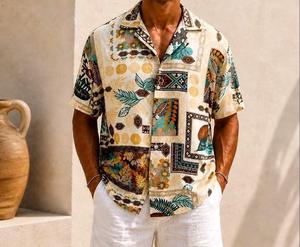 Men's Hawaiian <b>Shirt</b> Digital Leaf Print <b>Short</b> <b>Sleeve</b> <b>Button</b>-<b>Up</b> Knitted 140g Cotton Soft Summer Casual Beach Vacation - Product Image 1