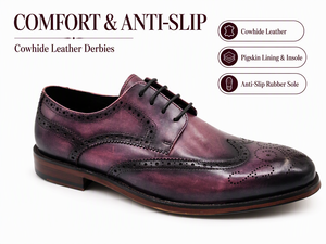 Chaussures Richelieu pour Hommes en Cuir Véritable Bicolore Violet, à Lacets, Bout Rond, Perforées, pour le Bureau, les Affaires et les Mariages - Product Image 1