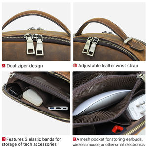 Pochette de voyage vintage en cuir de vachette véritable, à double fermeture éclair, grande capacité, pour organiser les appareils électroniques EDC - Product Image 6