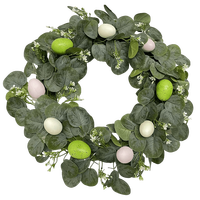 Couronne de Pâques artificielle de 22/24 pouces avec œufs colorés, lapins, fleurs et feuilles vertes pour la décoration de la porte d'entrée