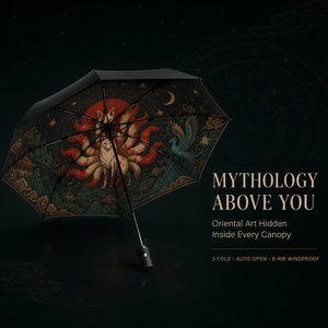 Parapluie automatique à 3 plis avec impression de motifs artistiques orientaux sur la capote intérieure, léger, résistant au vent, parapluie de voyage pour la pluie - Product Image 5