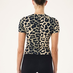 Women's Custom Two Piece Yoga <b>Set</b>-<b>Modest</b> Leopard Print Soft Shirt and Legging Shorts for Spring Summer Cheetah Loungewear - Product Image 3