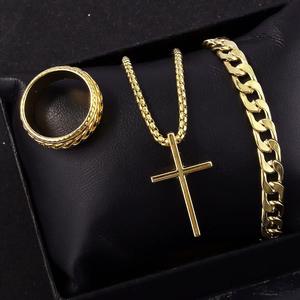Ensemble de bijoux tendance hip-hop : bracelet chaîne noire, bague et collier pendentif croix en métal pour femmes et hommes, idéal pour les fêtes et comme cadeau - Product Image 6
