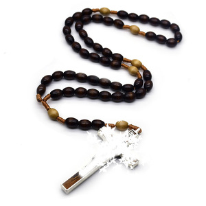 Collier chapelet en perles de bois fait main, motif croix marron, bijoux unisexe, origine Yiwu - Product Image 4