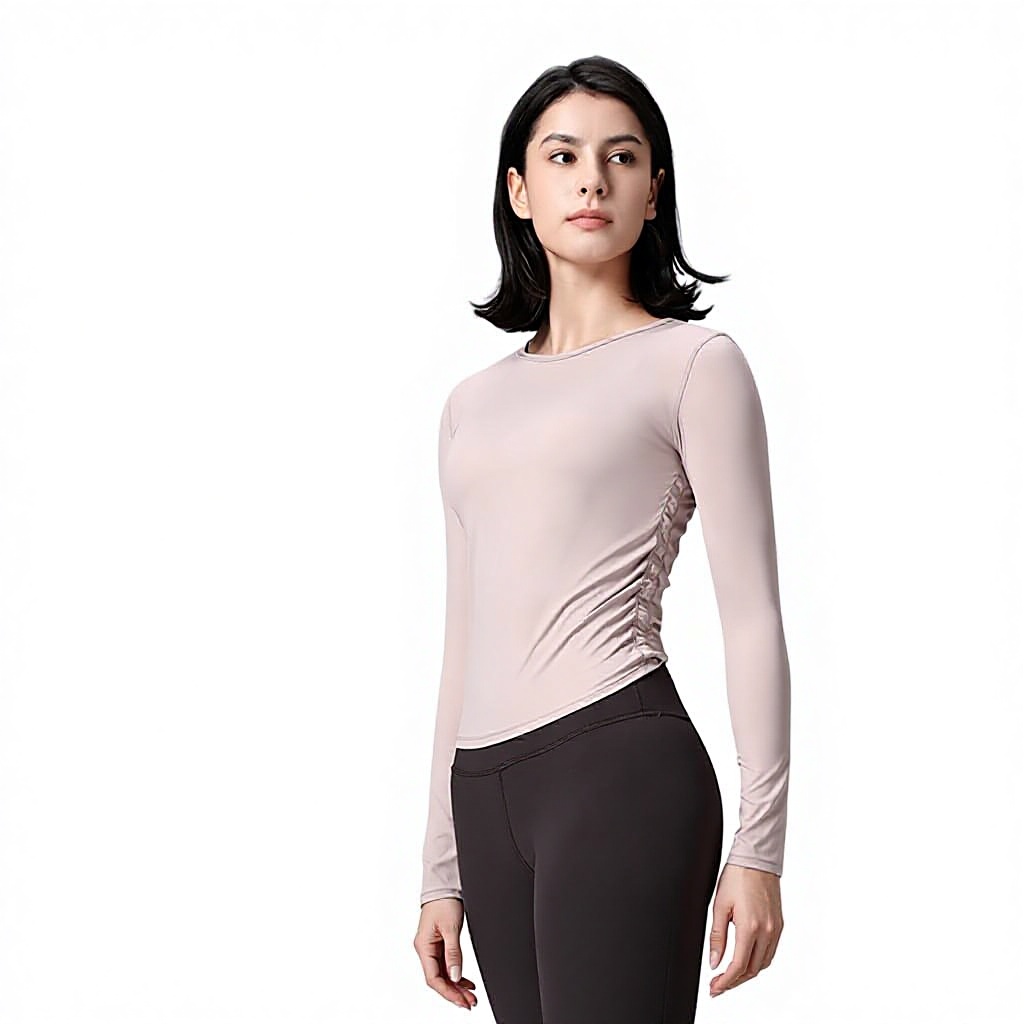 Tight-Fitting Pullover Elastic Pleated Sports Long-Sleeve Stretchy Slim-Fit Skin-Friendly Nude-Feel Casual Yoga Wear Solid