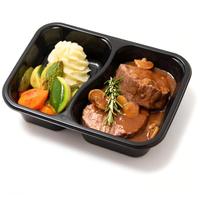 Barquette alimentaire en plastique CPET noire, résistante au four, à 2 compartiments, pour usage aérien