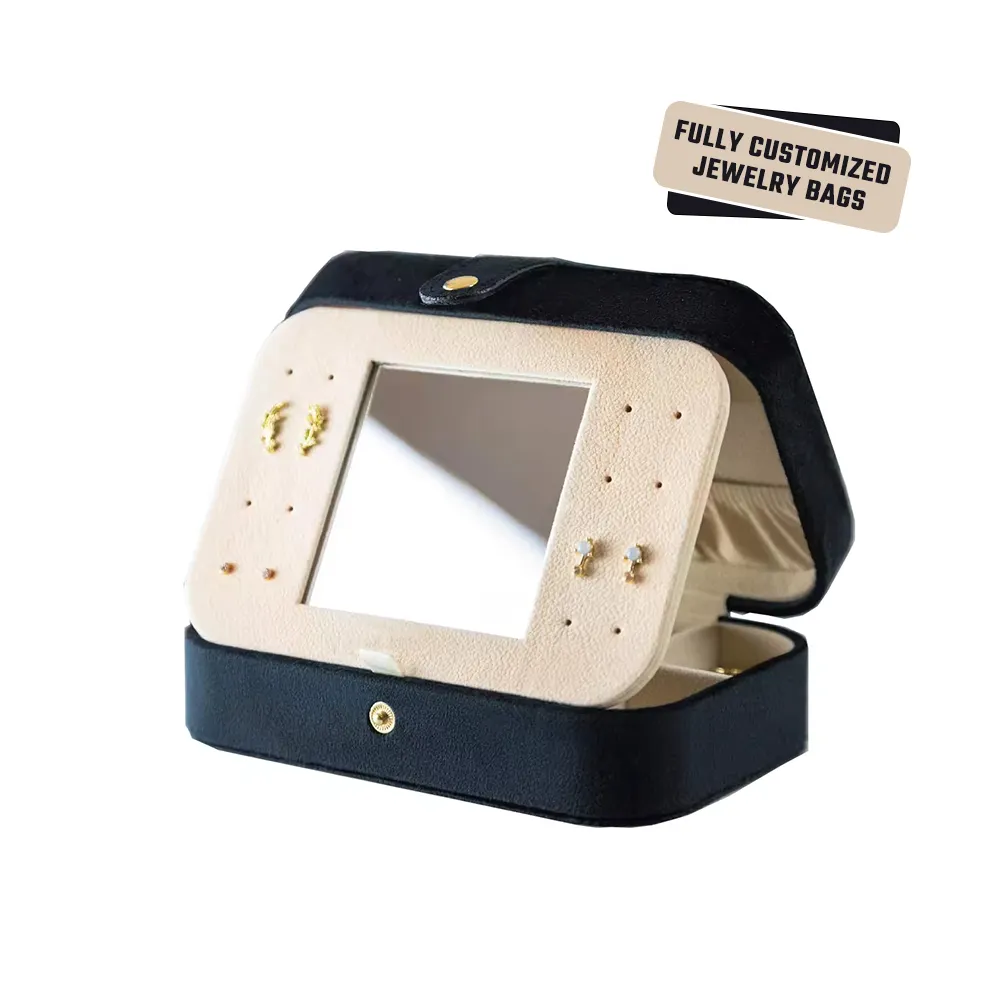 Caixa de pelúcia portátil para joias, caixa de armazenamento de joias com espelho, simples e criativa, de veludo