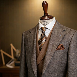 Abito da Uomo in Tweed a Quadretti Sfumati Grigio Caffè, Texture di Lana Spazzolata, Caldo, Risvolto Largo, Esalta l'Aura Rilassata del Gentiluomo Retrò - Product Image 3