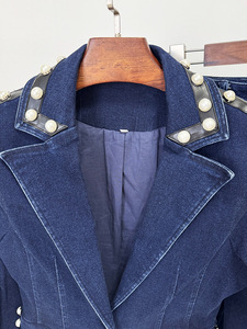 Completo tailleur due pezzi in denim da donna con <span class=keywords><strong>blazer</strong></span> e pantaloni dritti, decorato con perle, ideale per ufficio, riunioni e feste. - Product Image 6