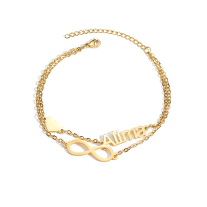 Pulsera de Acero Inoxidable Chapada en Oro de Doble Capa con Barra de Nombre Personalizada en Forma de Corazón |   Joyería de Aniversario Unisex Personalizada con Grabado Láser - Product Image 1