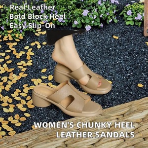 Foreign Trade Women's Open Toe Chunky Heel Mid Heel Thick Sole Slip-On Sandals Cowhide Leather Polyurethane Outsole Outdoor - Product Image 3