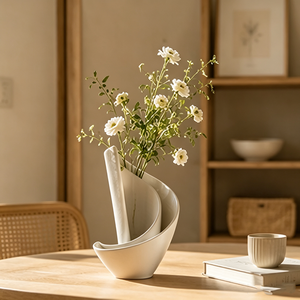 Vase en céramique abstrait blanc mat incurvé 3D, style Japandi, pour décoration de table à manger ou fenêtre en bois clair - Product Image 2