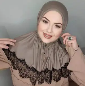 새로운 단색 모달 코튼 Hijab 모자 목 커버 말레이시아 이슬람 여성 레이스 수 놓은 가장자리 인스턴트 터번 보닛 모자 Shawls