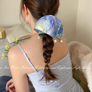 Élégant accessoire pour cheveux haut de gamme pour femme, motif ciel étoilé bleu calme, foulard carré forgé, style doux, attache-cheveux en corde - Product Image 4
