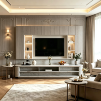 Meuble TV mural moderne sur mesure pour appartement, avec poignées en laiton doré, éclairage LED, casiers et lambris écologiques