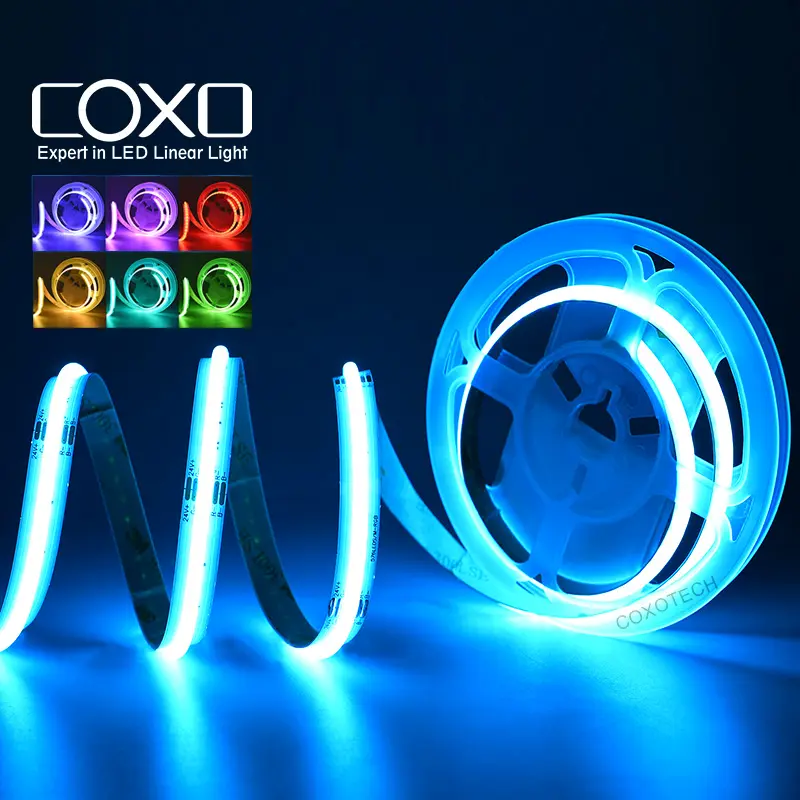 Coxo RGB COB LED Strip ánh sáng 3 năm bảo hành CE ROHS 12V 24V COB RGB LED Strip