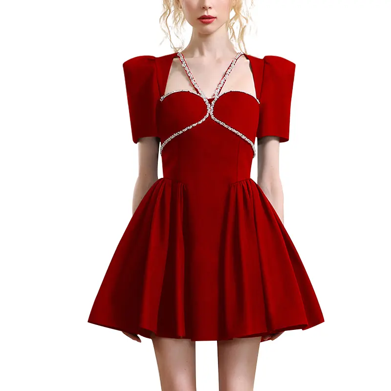 Kız için özel fransız kırmızı parti prenses elbise yaz yeni stil boncuk kadınlar için kısa kollu Vintage kısa elbise