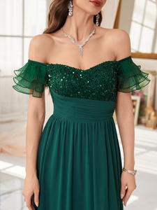 Robe de soirée formelle en mousseline de soie pour femmes, couleur verte, épaules dénudées, paillettes, perles, volants, manches à 3 couches, ceinture à la taille, fente latérale plissée - Product Image 6