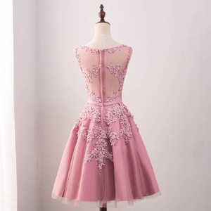 Women's Pink Tulle Cocktail Dress O-Neck A-Line Floral Embroidery Fitted For Banquet Birthday Party Graduation - Product Image 2