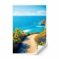 Impression Giclée sur Toile Polyester 30x40cm, Paysage Marin Côtier, Allée Fleurie, Art Mural Numérique HD Non Tendu pour Décoration d'Hôtel