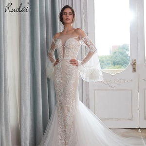 Abiti <span class=keywords><strong>da</strong></span> <span class=keywords><strong>sposa</strong></span> a sirena in pizzo con perline sul retro e maniche lunghe a campana Sexy PWD-H1148 - Product Image 1