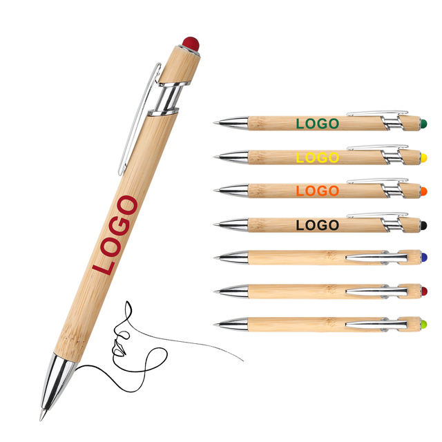 2 in 1 Multi-Color Press Bamboo Stylus Ballpoint Pen, Custom Printed Logo Eco Friendly Stationery for Phone Touch Control Use
