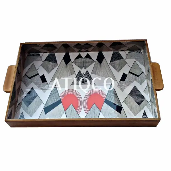 Wooden Tray Painted Multicolor Print Modern Brass Metal Try High Quality Latest Wooden Try Hot Selling Try