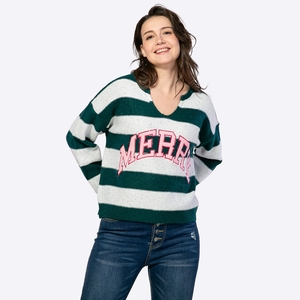 Maglione Natalizio Personalizzato da <span class=keywords><strong>Donna</strong></span> con Strisce Glitterate, Scollo a V, Spalle Scivolate, Vestibilità Ampia e Patch con Lettere - Produttore - Product Image 3