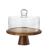 Support à gâteau avec dôme en verre, plateau à gâteau rond en bois d'acacia