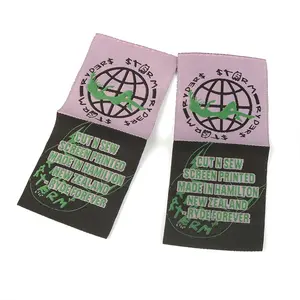 Moda Vestuário Pescoço Tags Custom Heat Cut Planet Logo Damasco Dobrado Principais Etiquetas tecidas Tags para crianças Roupas Vestuário