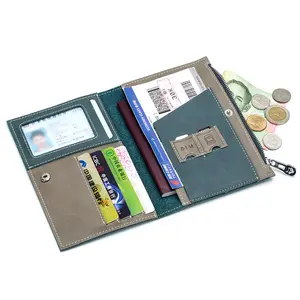 Custom leather travel wallet passport holder RFID passport document wallet with zipper coin purse